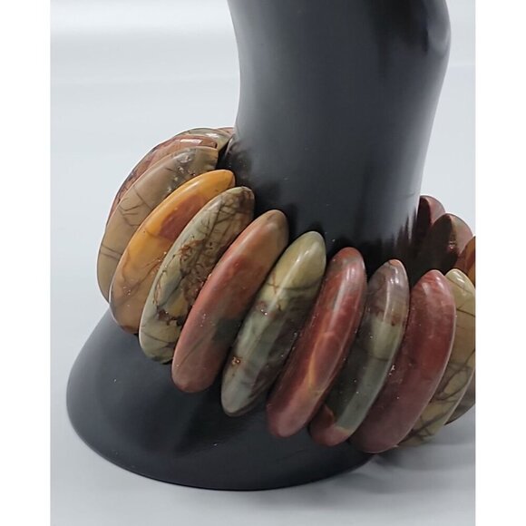 Natural Jasper Stretch Bracelet Multicolor Half Moon Wedges Green Red Orange 8" - Picture 5 of 15